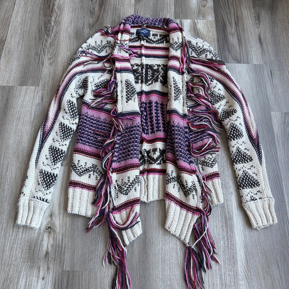 American Eagle Outfitters Ivory Fringed Acrylic Cardigan Sweater Size XS Y2K